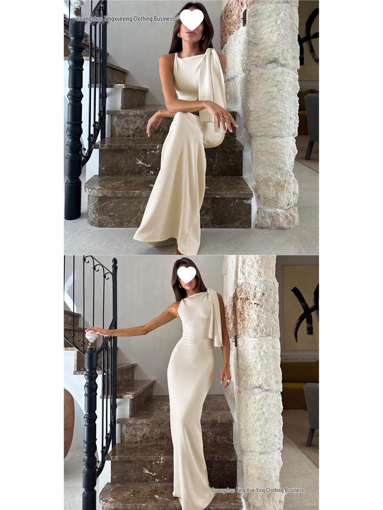 Women's Elegant One-Shoulder Summer Dress - Solid Color Draped Fashion