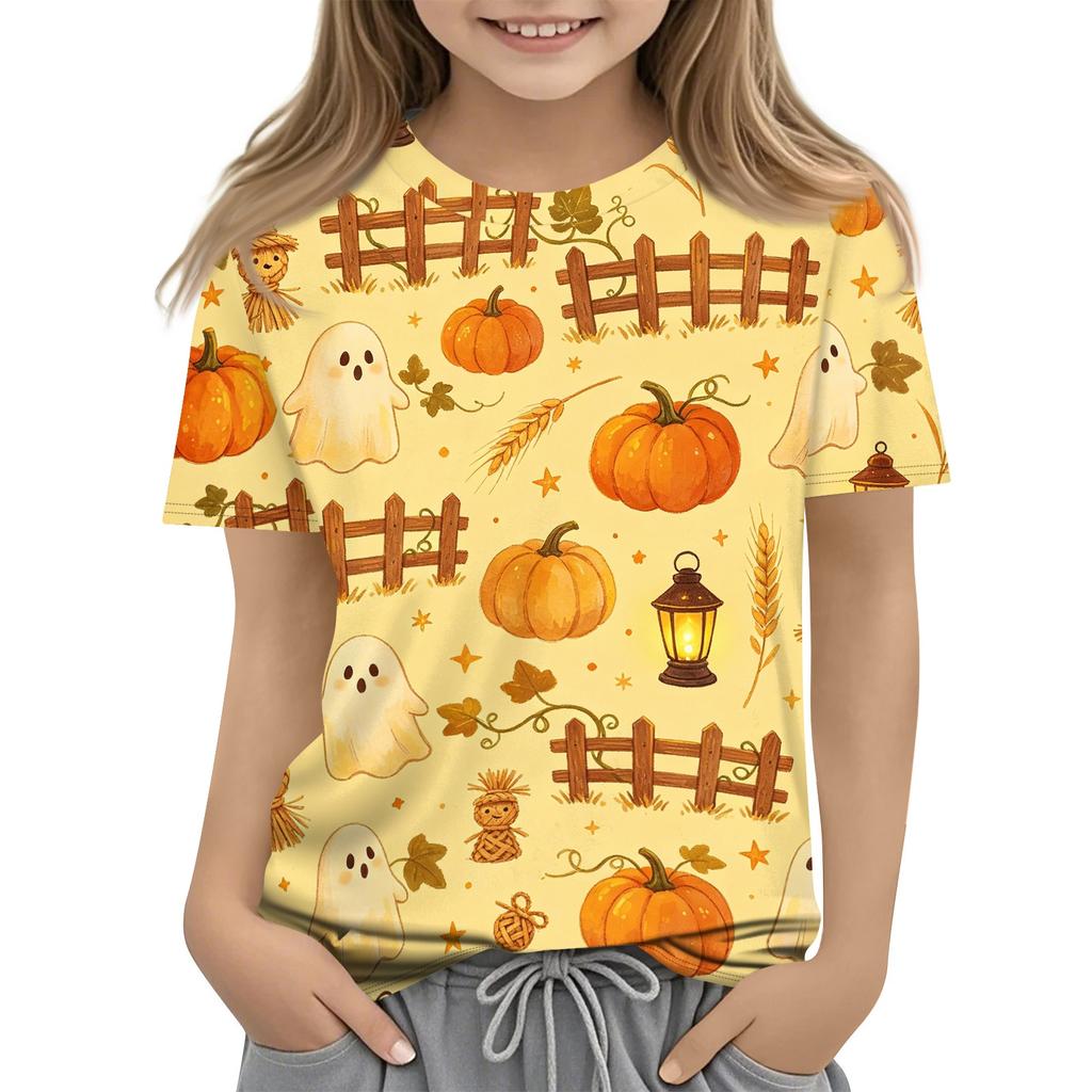 Kids Halloween Printed Short Sleeve T Shirt Casual Round Neck Tee Top Boys Girls Comfortable Fit Soft Fabric