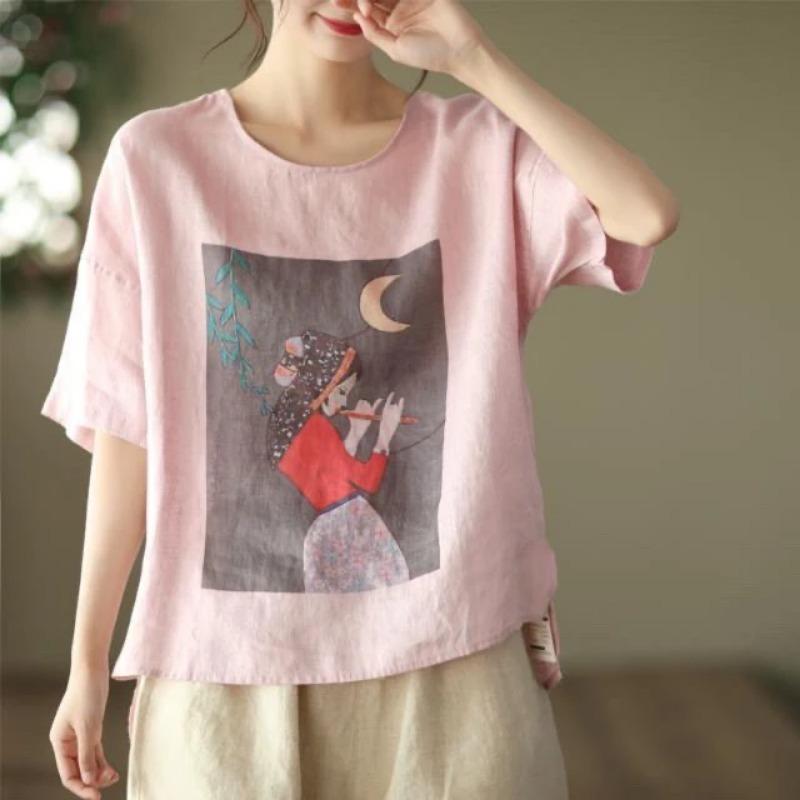 

VWomen s Pink Linen T-Shirt with Art Print Casual Loose-Fit Short Sleeve Crew Neck Top L розовый