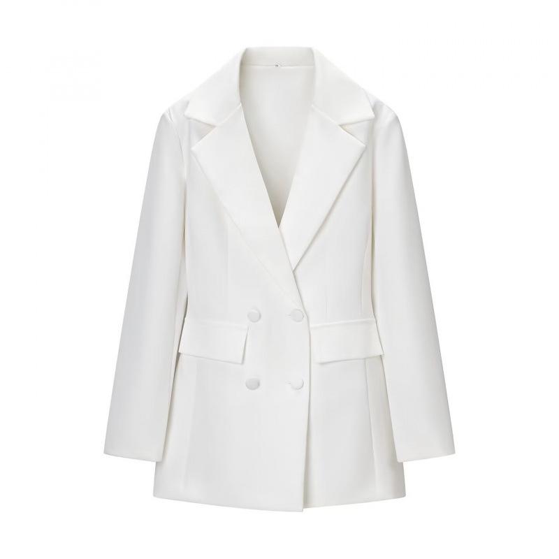 

2025 Women s Fashion Double-Breasted Black & White Waist-Cinching Suit Jacket Small