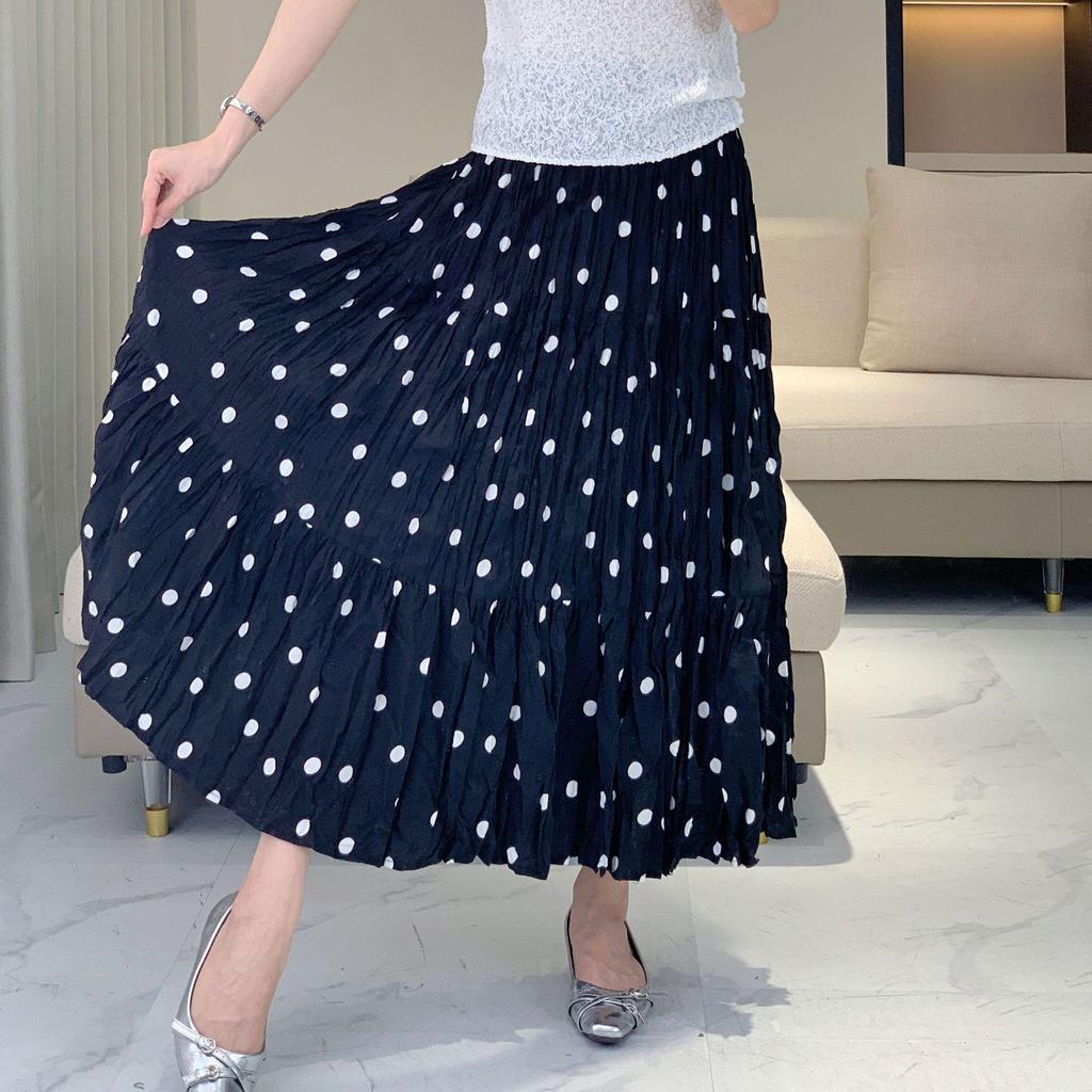 2025 Polka Dot A-line Midi Skirt: Fresh, Sweet, High-waisted, Loose Fit, Hip-covering Long Swing Skirt for Women