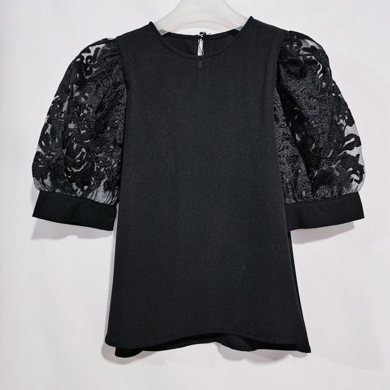 

Export Japanese Original Order Leftover Stock Chiffon Organza Short Sleeve Pullover Shirt Women s Short Fairy Shirt Summer T-shirt Black Organza Sleeves M