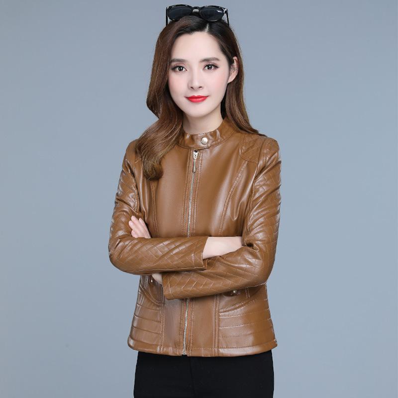 New OL Temperament Korean Version Short Standing Neck Women's Zippered Leather Jacket PU Jacket