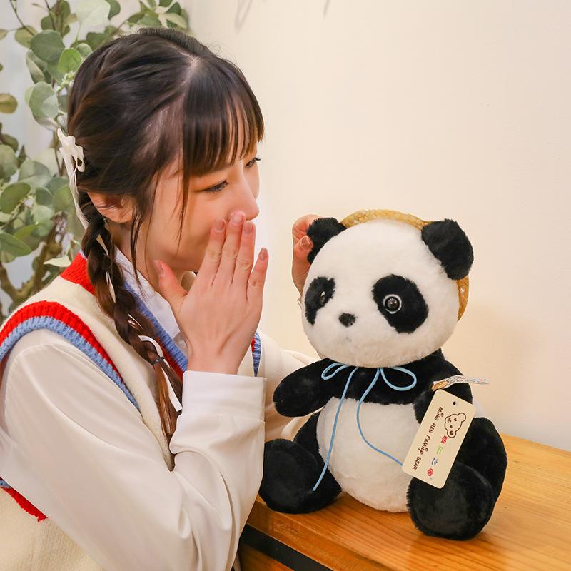 New Straw Hat Panda Plush Toy Simulation Fisherman Hat National Treasure Doll Doll Children's Furniture Ornaments Gifts