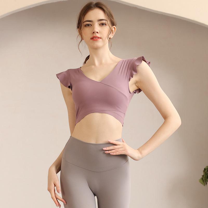 Women's Summer Yoga Top with Chest Pads - Lotus Leaf Short Sleeve for Fitness & Training