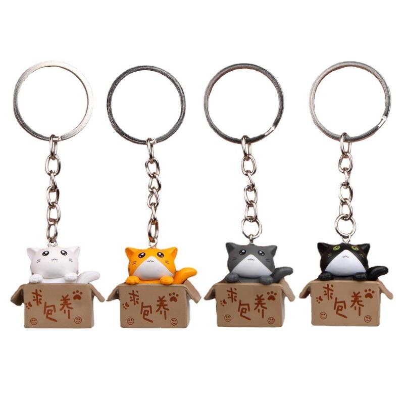 Plastic Three-dimensional Couple Cartoon Key, Little Cat Keychain Ring, Chain