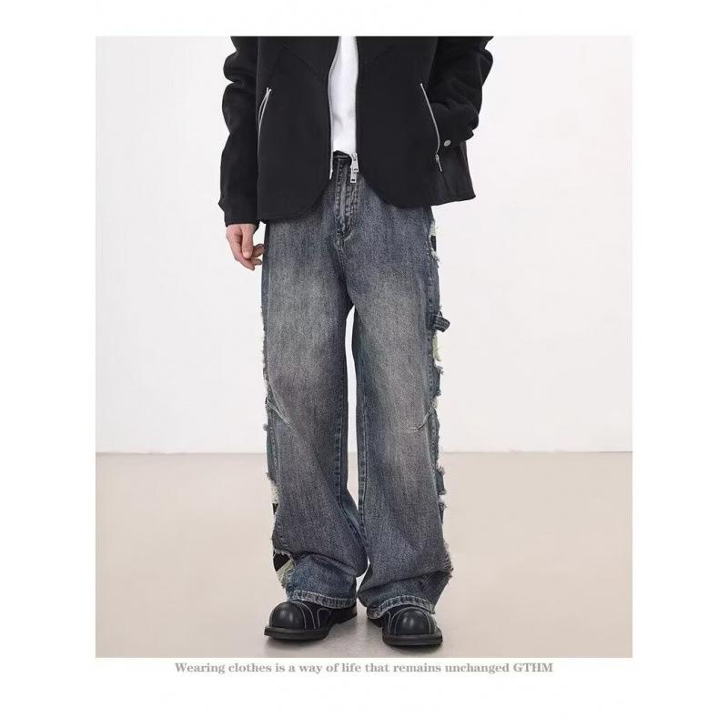 JYL Men's Straight Jeans American Ripped Vintage Loose Wide-Leg Denim