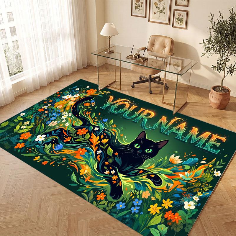 Cat Theme Crystal Velvet Floor Rug Personalized Custom Name Text Warm Carpet Home Decoration