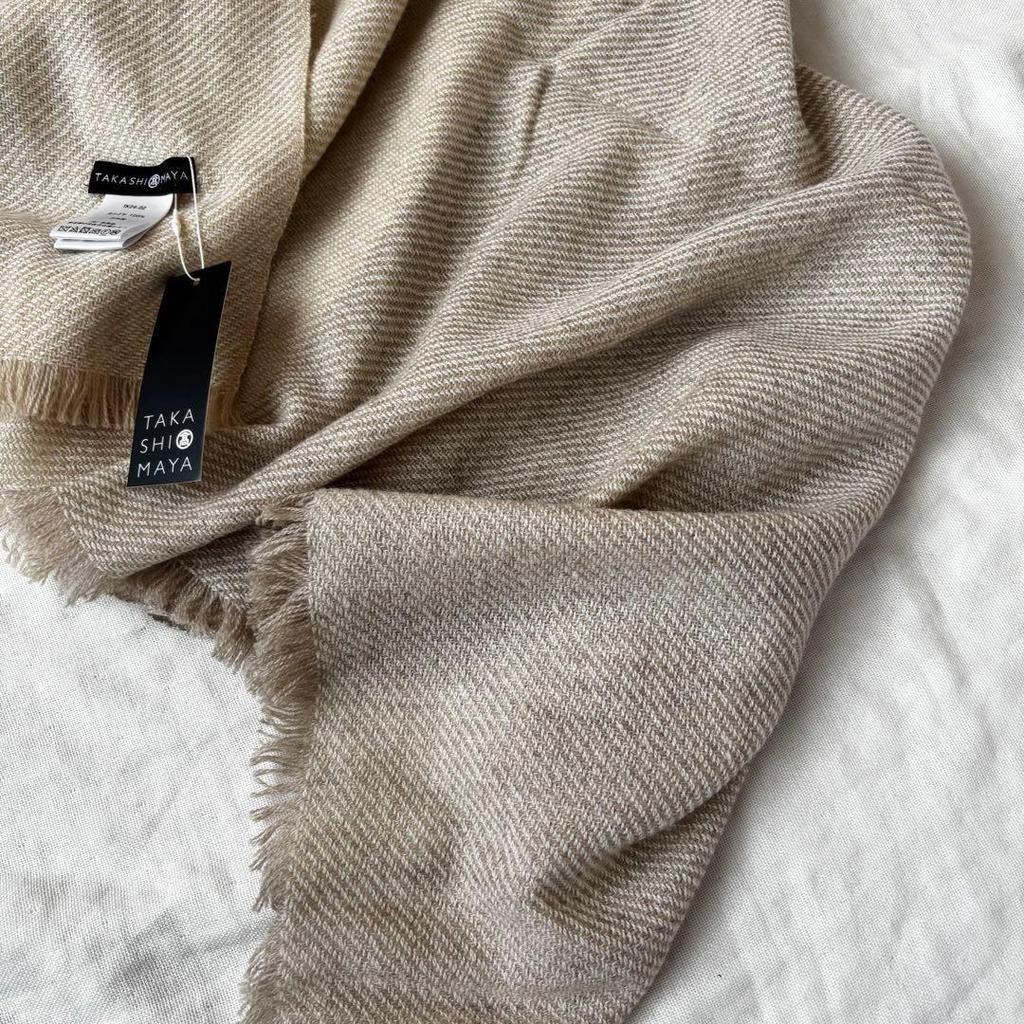 Used Takashimaya 100% Cashmere Stole, Made in Japan, Planned and Developed Product, Beige Brown