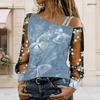 Plus Size Women Diagonal Shoulder Long Sleeve Top Boho Tropical Blossom Print Mesh Lace Splicing Blouse