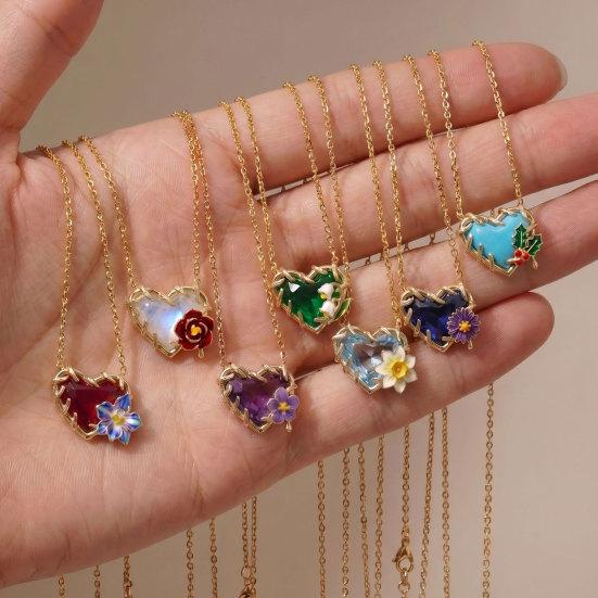 Birthstone Heart Necklace Birth Stone and Flower Pendant Necklace Jan to Dec