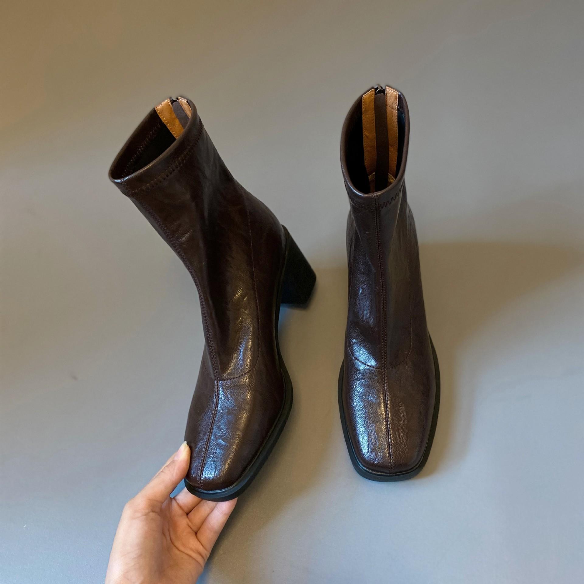 

High-heeled Short Boots, Square-toe Boots, Short Boots, Women s Shoes with Thick Heels, Women s Boots 40