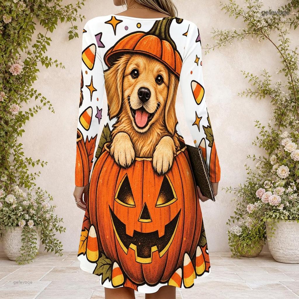 Women Criss Cross V Neck Long Sleeve Halloween Raccoon Witch Pumpkin Print Curved Hem Dress