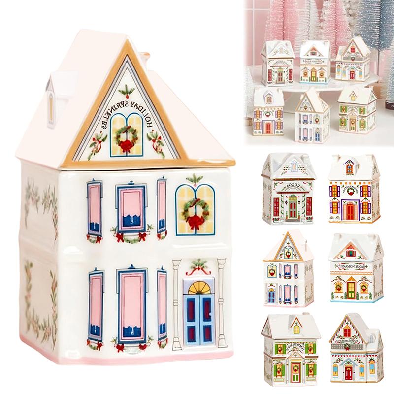 Holiday Village Spice House Set, Mini Christmas Gingerbread Houses Jars, Festive Decor Kitchen Countertop Christmas Candle