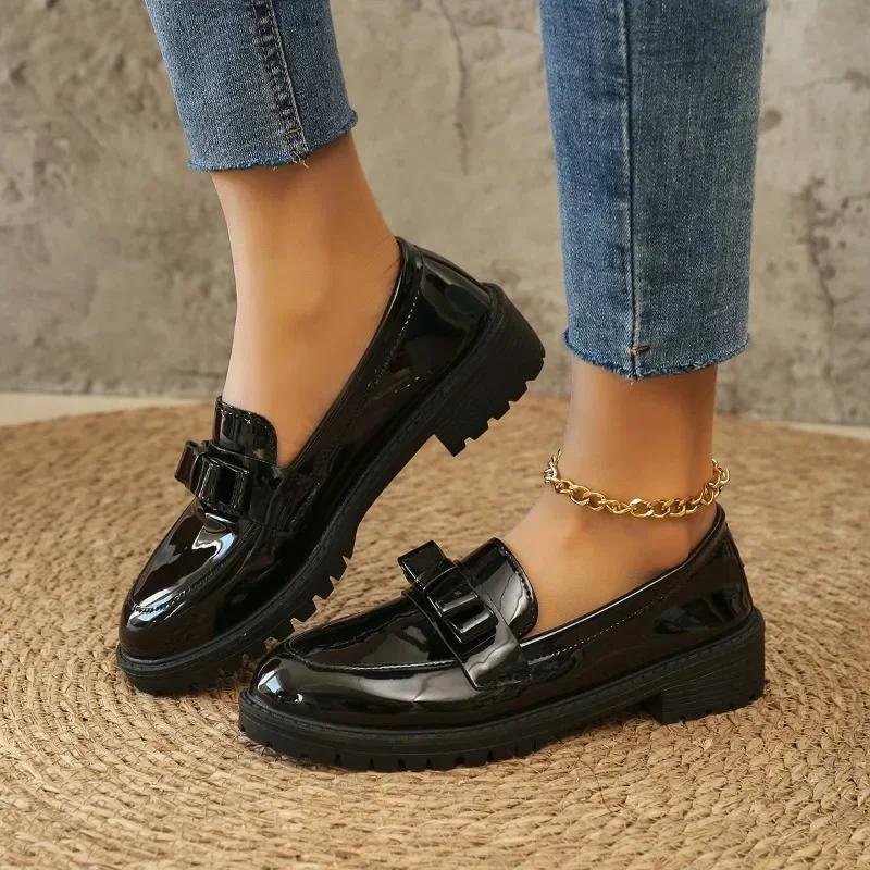 

Мода 2025 Женские балетки с круглым носком Новые балетки из искусственной кожи Женские повседневные лоферы Весна Элегантный бант Офисная обувь Zapatos De Mujer 36