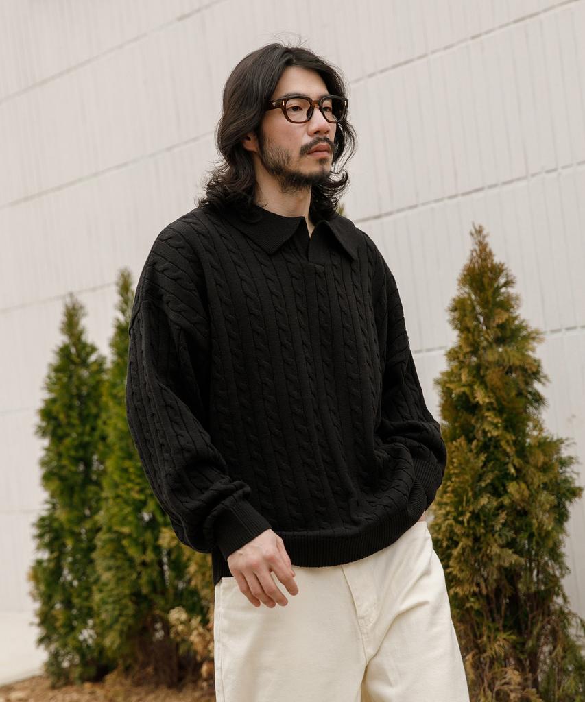 RUGGED HOUSE Tones Cable Collar Knit Black