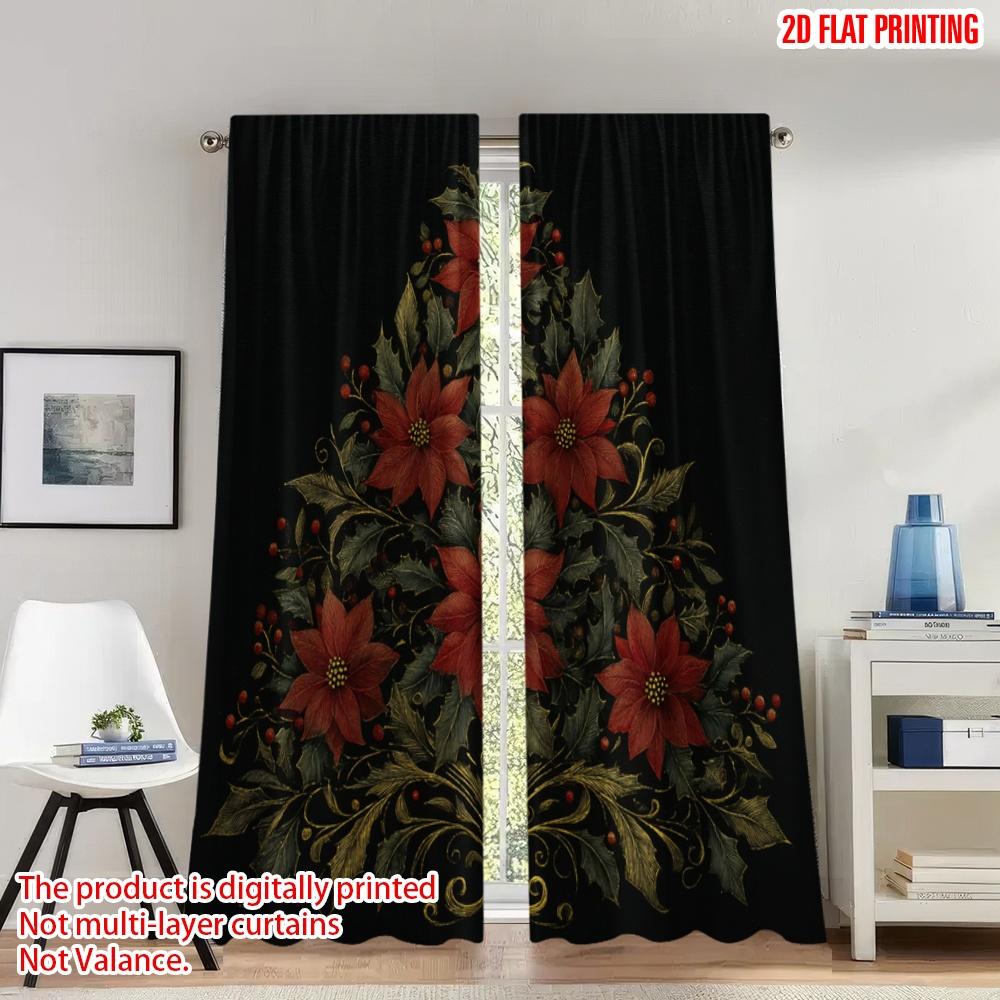 

2pcs 2D flat printing Christmas Hot Curtains Christmas Poinsettia Holly Berries_b Digital Printed Polyester Drapes Family Party 100*130 HOOK 1pcs
