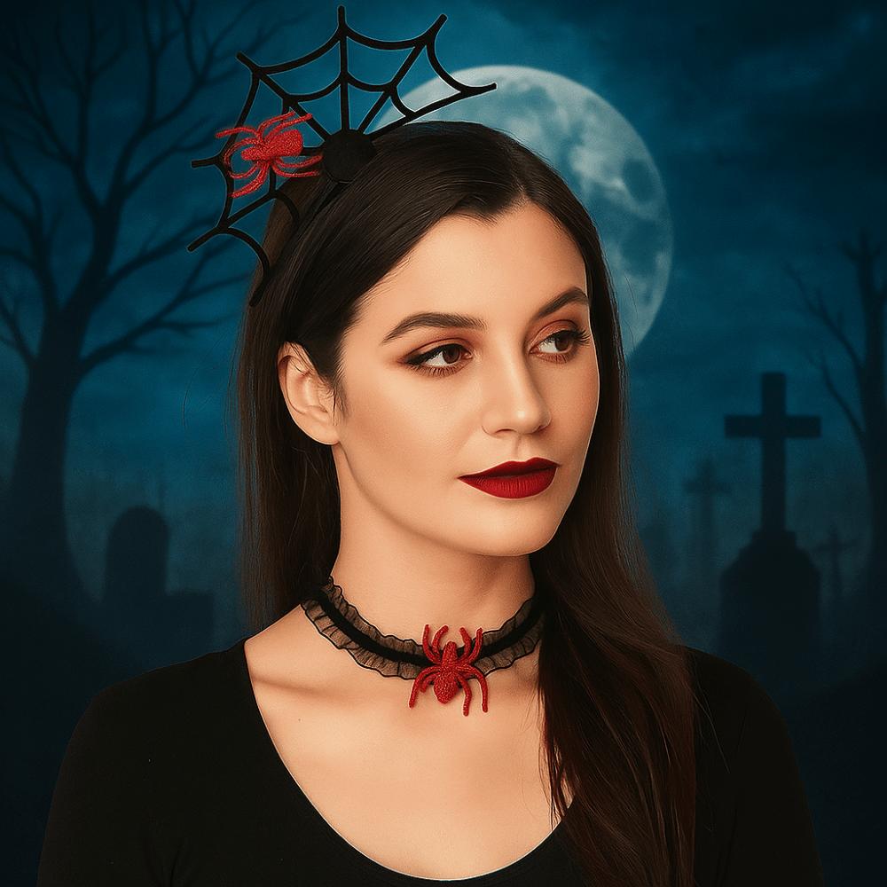 Ruffles Halloween Headband Black Spider Web Hairband Creative Hairband Necklace Set Party