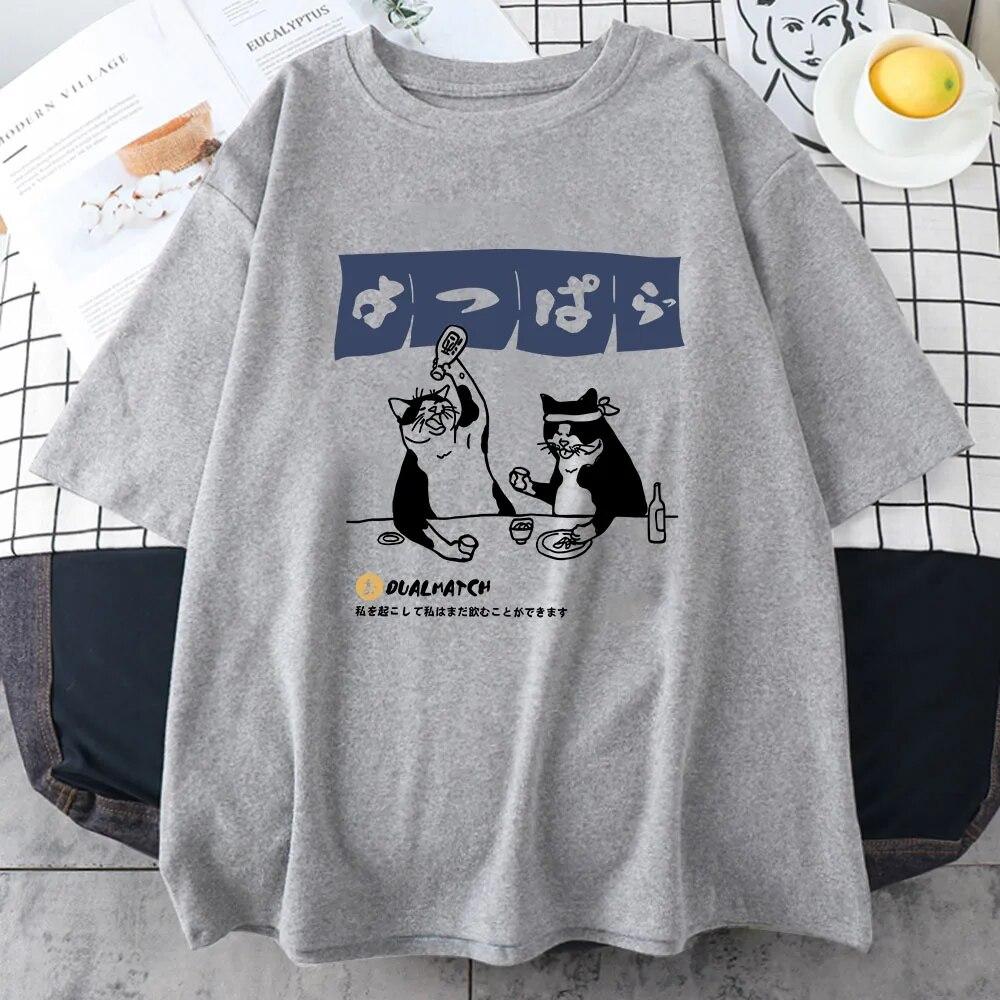 Women Tshirt Streetwear Japanese Harajuku Funny Drinking Cat T-Shirt 100% Cotton Summer Cartoon T Shirt Unisex Hip Hop Tops Tees Unisex T-shirt