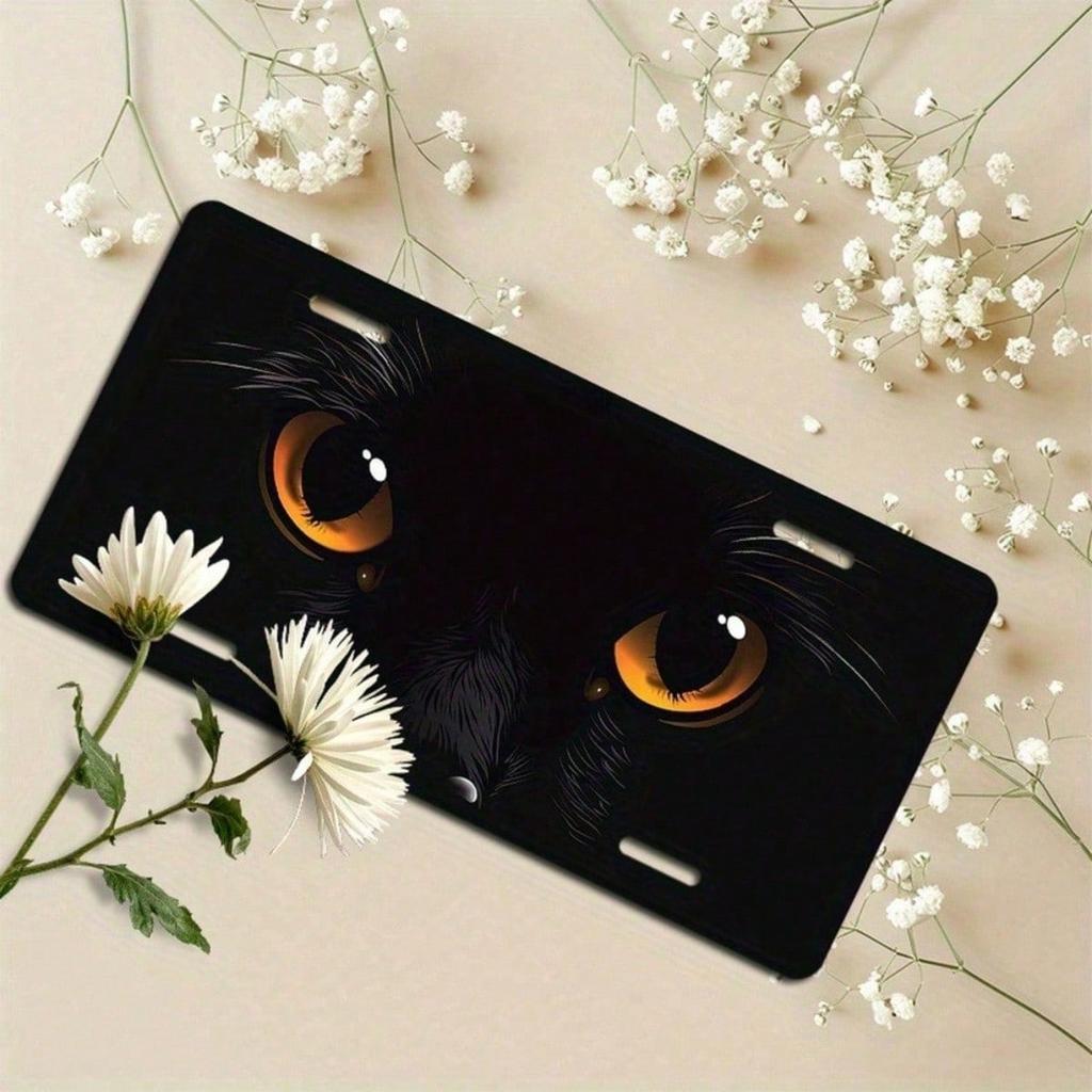2D Flat Cat Eye UV Print License Plate Frame, Scratch & Fade Resistant Aluminum Front Car Tag Cover, Universal 5.9x11.8 Inch