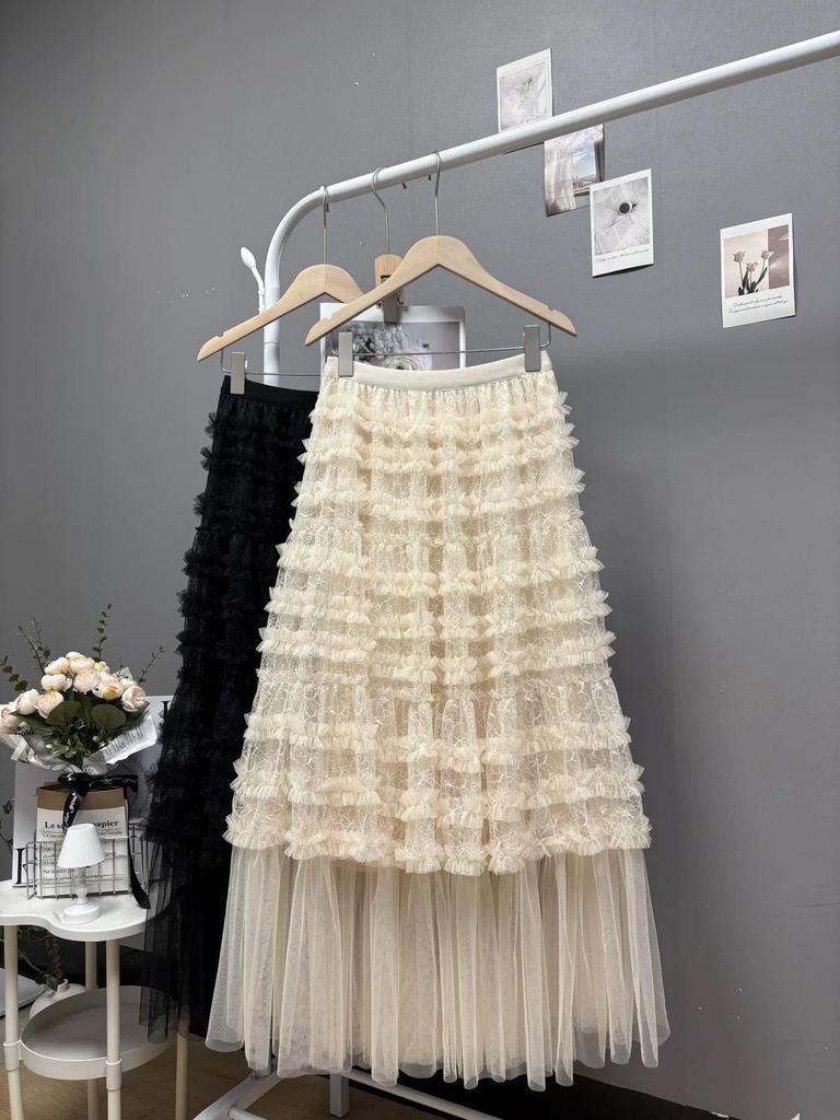 Spring 2026 Women's Irregular Layered Mesh Skirt: Long, Slimming Gauze Design, Heavy Work Detail.