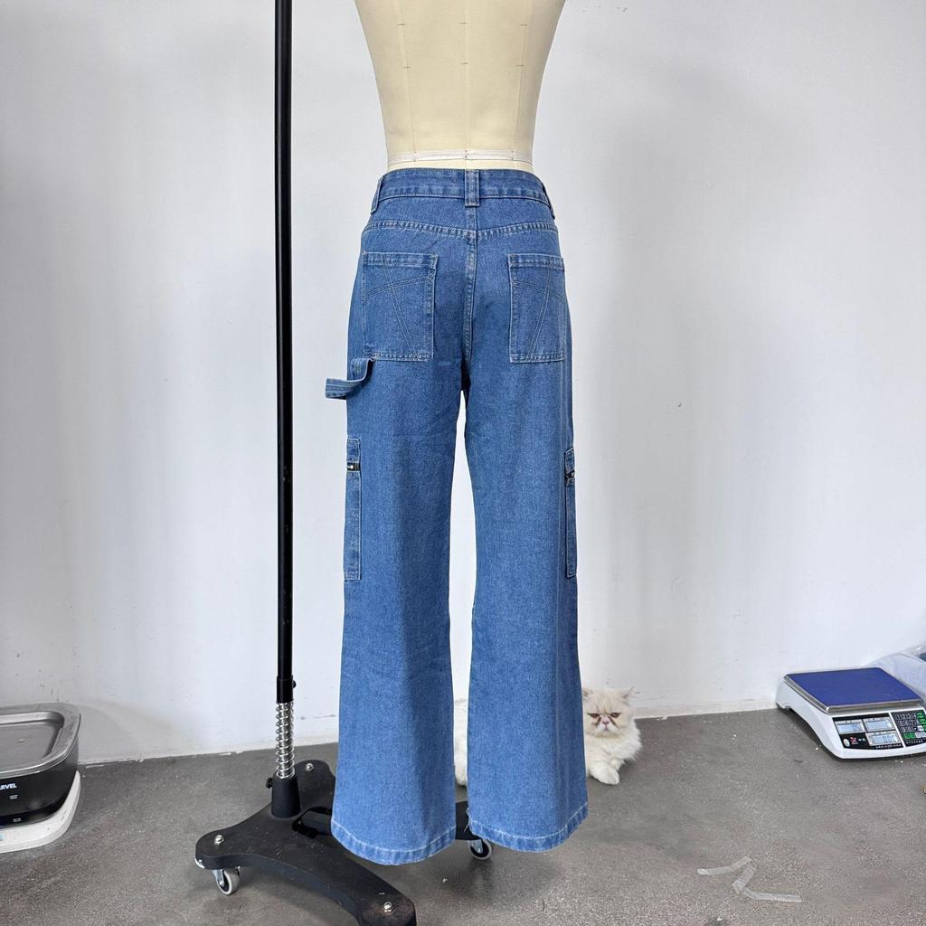 Women's High-Waisted Retro Cargo Jeans, Wide-Leg, Floor-Length Spicy Girl Style
