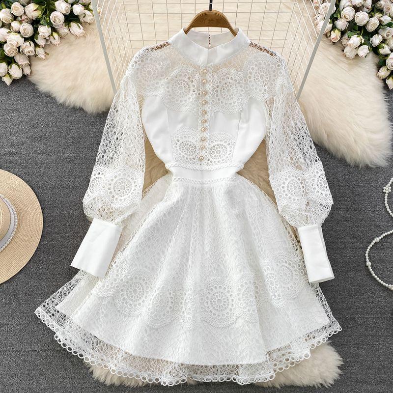 Retro Long Sleeves Stand Collar Crochet A- line Dress Lace