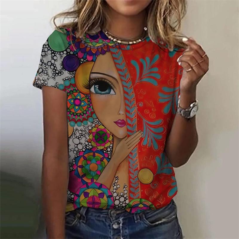 Classic Girls Face Painting 3D Graphic Tee Fashion Floral Print T Shirts For Woman Girl Street Harajuku Colorful Tshirt Tops