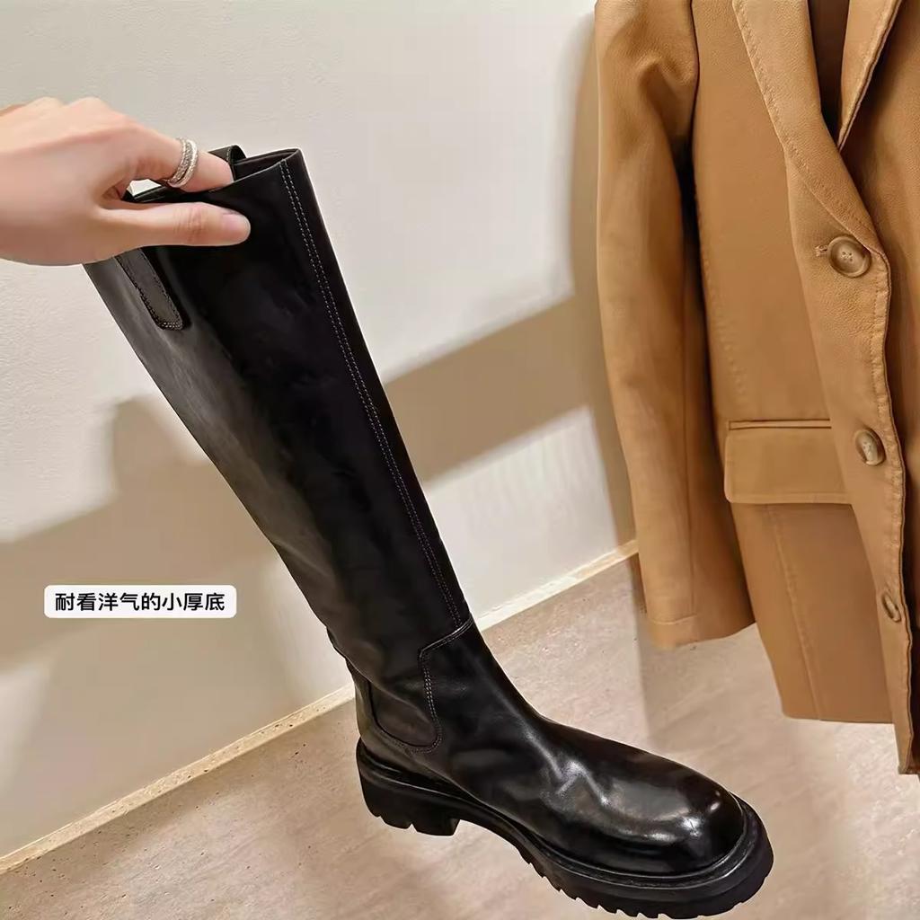 Shoe Shrink Horse Leather Round Head Thick Sole Thick Heel Skinny Medium Long Knight Boots