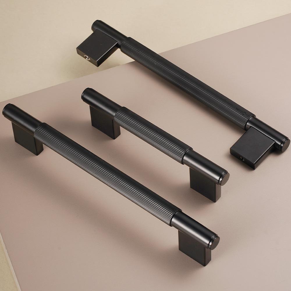 Dooroom Solid Brass Straight Grain Pattern Black Modern Style Cabinet Refrigerator Door Pull Drawer Knobs Hardware Handles