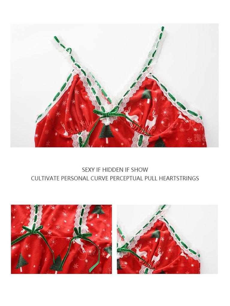 Samt-Print Übergröße Weihnachts-Dessous Camisole Nachthemd Set