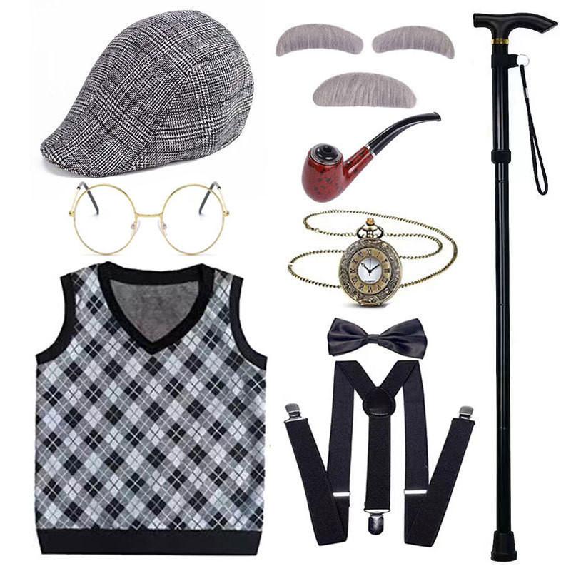 Disfraz de abuelo premium con peluca, chaleco elegante y accesorios para niños y adultos.