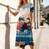 Womens V Neck Short Sleeve Casual Dress Hawaiian Print Midi Dress Summer Beach Dress Elastic Waistline Dress