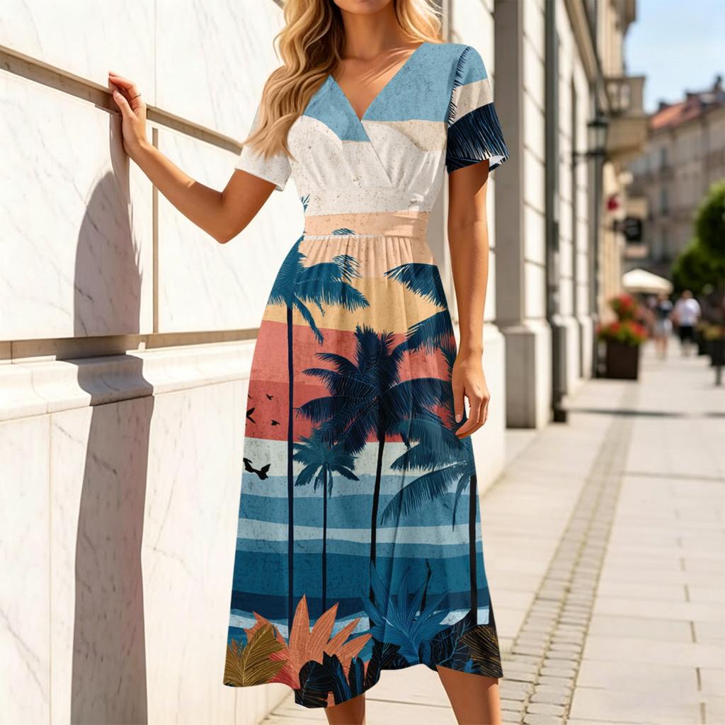 Womens V Neck Short Sleeve Casual Dress Hawaiian Print Midi Dress Summer Beach Dress Elastic Waistline Dress