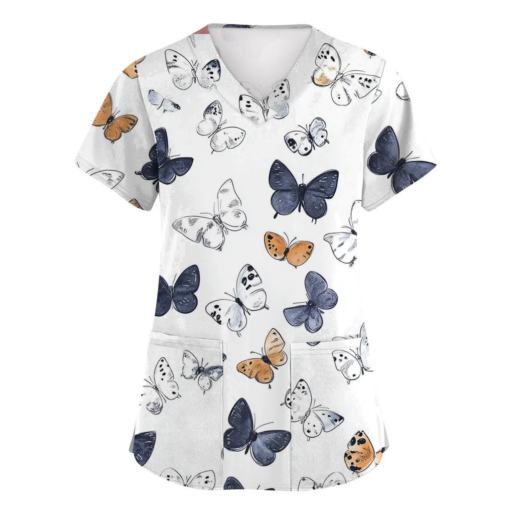 Women's Fashion Short Sleeve Cute Animal Printed V-Neck Pocket Workwear Tops