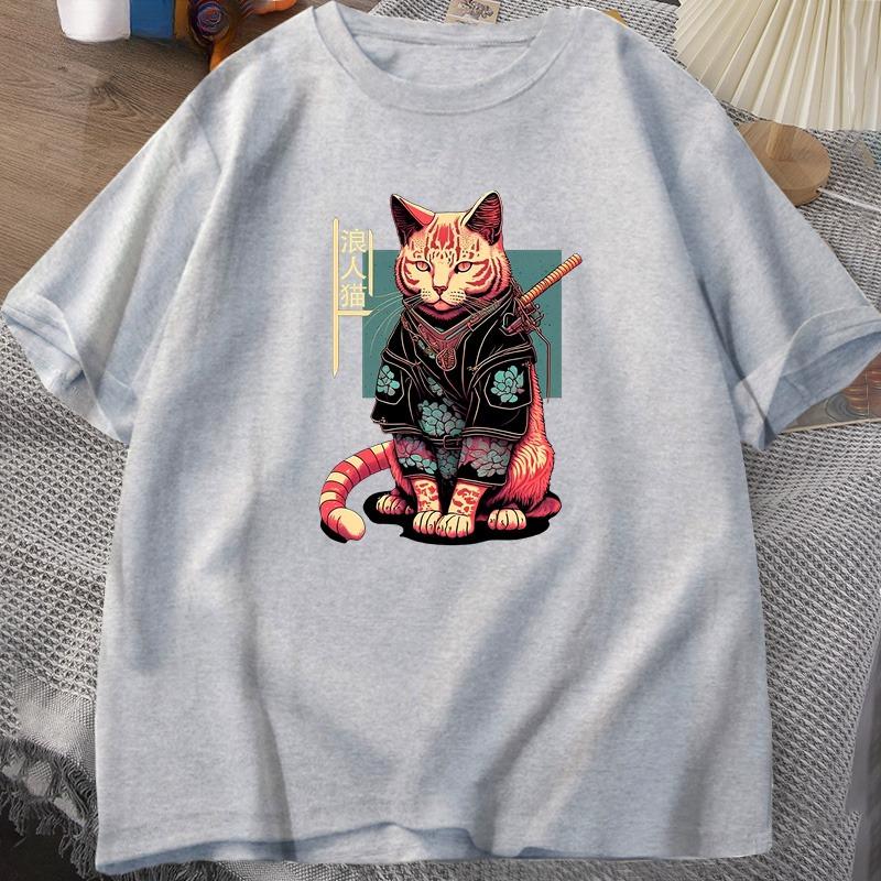 Japanese Samurai Cat Tattoo Graphic T Shirt Kawaii Ninja Cat TShirt Print Cotton Short Sleeve Tshirt Unisex Clothing Top Camisetas