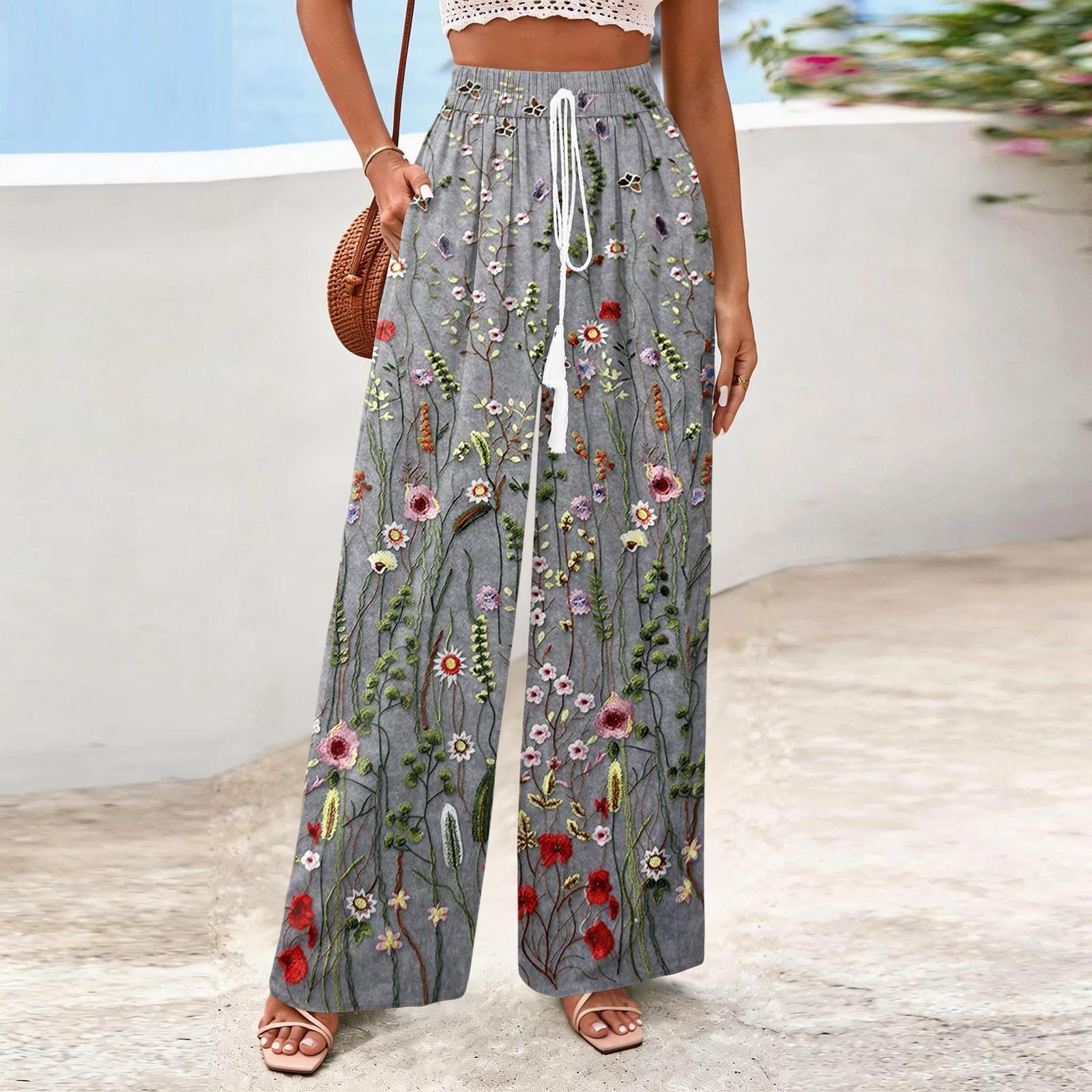 Женские широкие повседневные струящиеся брюки с цветочным принтом L