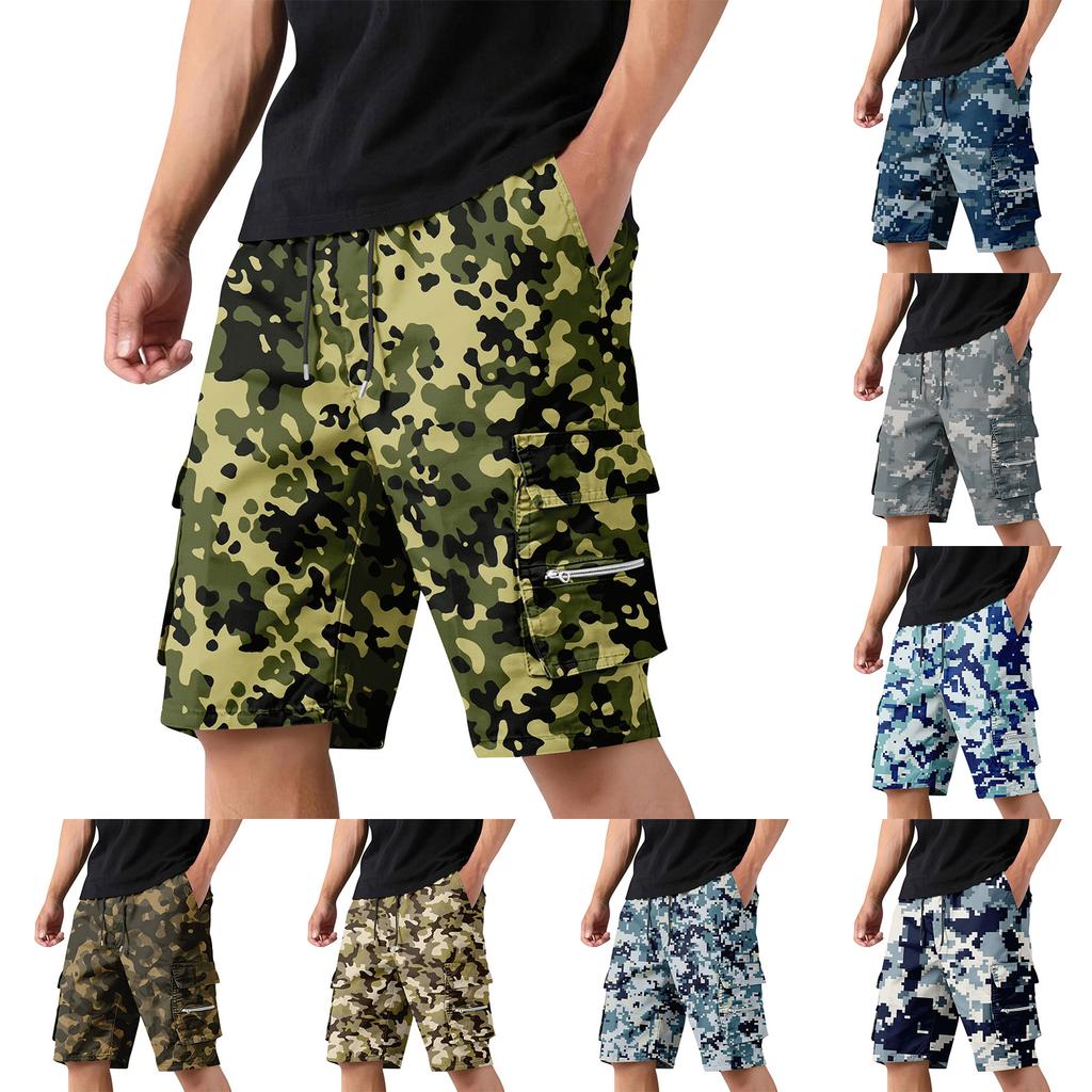 Men's Camouflage Cargo Shorts with Drawstring, Casual Workout Shorts for Summer, Multi-Pocket Elastic Waist Shorts