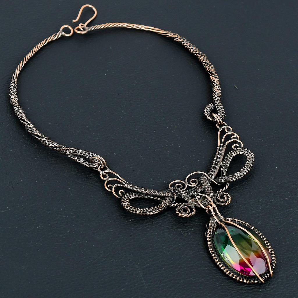 Bi-Color Tourmaline Necklace Jewelry, 999 Copper Wire Wrapped Gemstone Necklace Handmade Jewelry, For Memorial Day