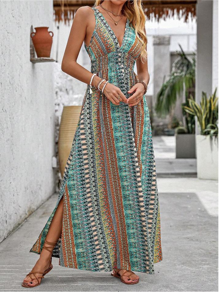 European and American Summer New Vacation Fashion Waist Deep V Printing Sleeveless Dress