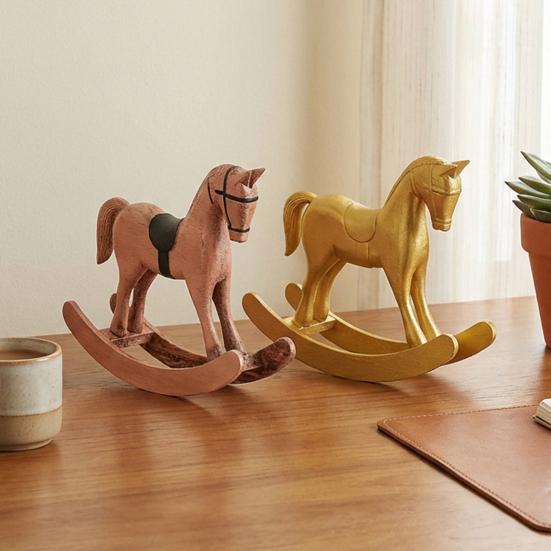 Wooden Rocking Horse Figurine Vintage Horse Statue Sculpture Home Office Living Room Bookshelf Desktop Decoration Ornament