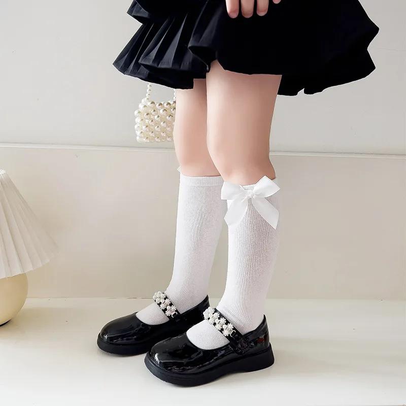 Girls Princess Bow Mid Calf Socks Spring Autumn Solid Student Dance Long Tube Socks For Little Kids