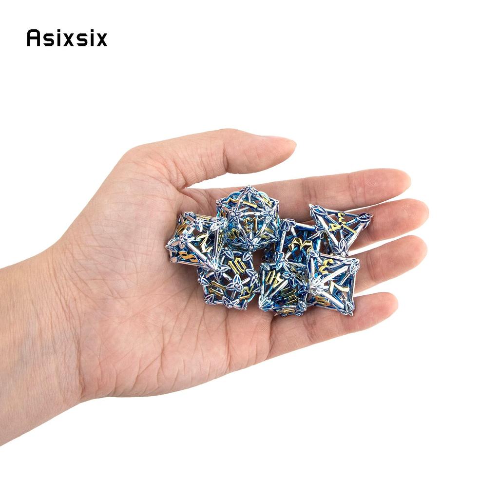 7 Pcs Silver Blue Leaf Flower Metal Dice Hollow Metal Polyhedral Dice Set Suitable for Role-Playing RPG  Board Game Card Game