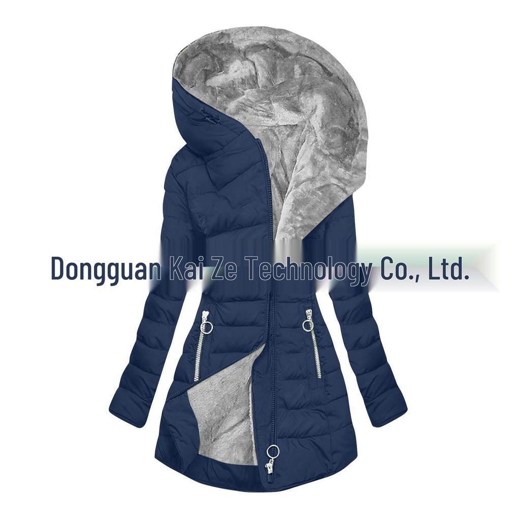 Mid-Length Slimming Hooded Jacket - Women's Thickened Cotton with Velvet Lining