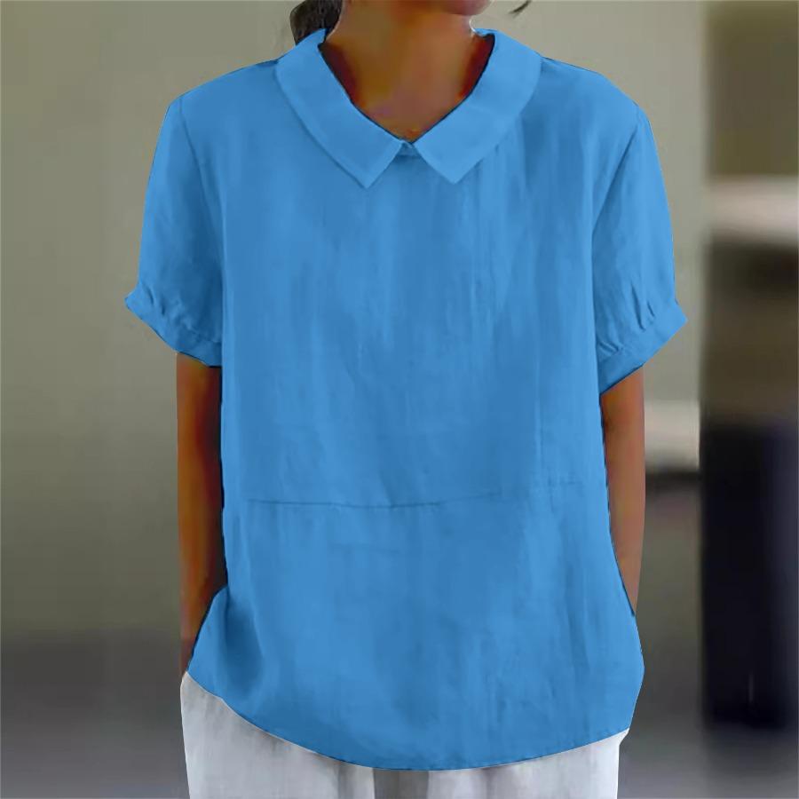 Damen Bluse mit Peter-Pan-Kragen, lockere Sommerbluse aus Baumwolle und Leinen, einfarbig, kurzärmelig, lässig, atmungsaktiv