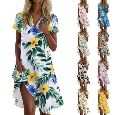 Robe t-shirt d'été pour femme, décontractée, à manches courtes, col en V, ample, avec poches