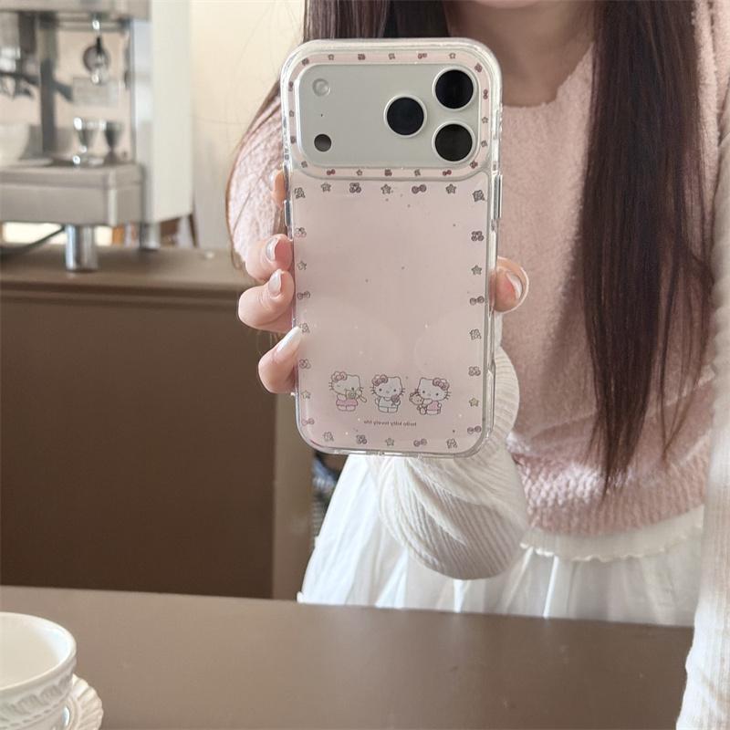 Kawaii Hello Kitty Pink Glitter Phone Case For iPhone 15 16 17 Pro Max Bow Star Pattern Clear Soft TPU Shockproof Cover with Cha