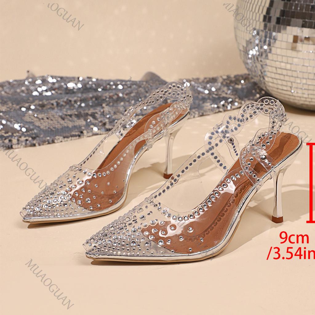 Módní PVC Průhledné Křišťálové Baotou Sandály Letní Kamínkové Špičaté Mělké Lodičky Sandály Vysoké Podpatky Zadní Prázdné Jednoduché Boty