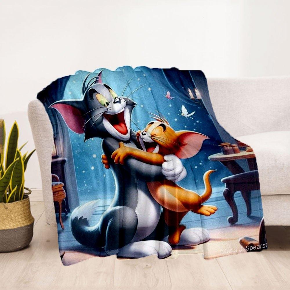 "Tom & Jerry Hug: Classic Cartoon Art Print"Blanket Flannel Throw Blanket for Sofa, Bed, Travel, Camping, Office