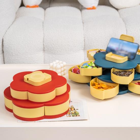 Single/Double Layer Rotating Snack Box with Lid 10 Compartment Divided Serving Tray Party Appetizers Smooth Swivel Lazy Susan Organizer